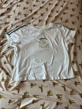 White Kids Short-Sleeve Tee with Dog Graphic and Green Shoulder Stripes
